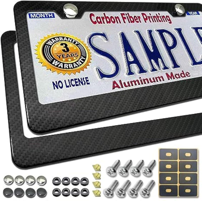 BGGTMO License Plate Frame Carbon Fiber- Black Aluminum Car Tag Frame Holder Printed Carbon Pattern with Rust Proof License Plate Screws and Black & Chrome Caps - Image 1
